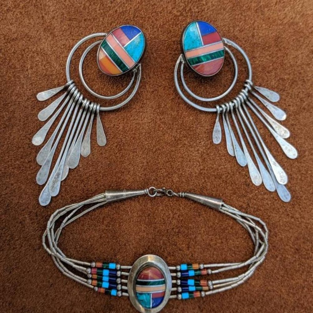 Vintage sterling silver, channel inlay, beaded Navajo earrings & bracelet set